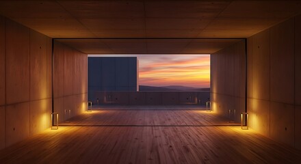View of a sunset from a modern room with wooden floors and concrete walls and lighting