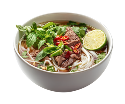 Delicious vietnamese pho bo aromatic soup with fresh herbs and lime garnishes transparent background