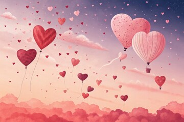 pink background with balloons, pink background with hearts, romantic sky: heart balloons and hot air balloons on pink clouds