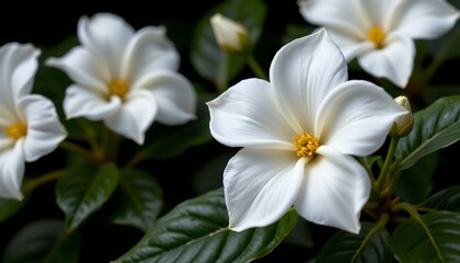 Fototapeta premium an array of white flowers with delicate yellow centers, all of which have bright green leaves