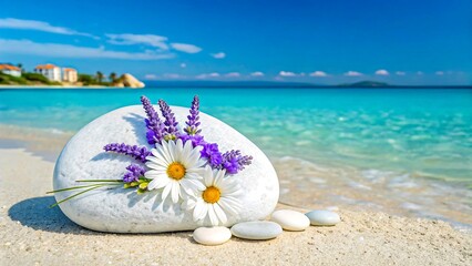 White daisy and purple lavender flowers on beach stone by blue sea