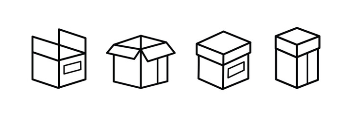 Line art delivery and logistics vector icon set showcasing boxes, truck, hand, mail, damaged, and shopping bag for shipping services