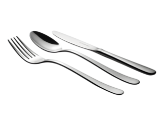 Polished metal cutlery set on black isolated on a transparent background fork spoon
