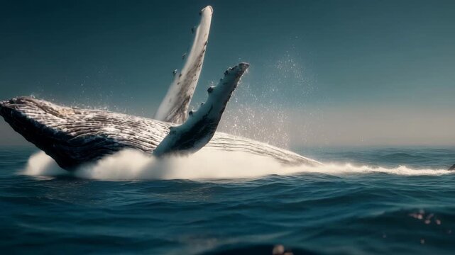 Humpback whale breach with glowing blue sky