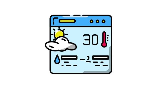 Weather forecast icon showing sun, clouds, rain, wind, and temperature on a digital screen