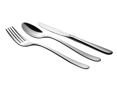 Polished metal cutlery set on black isolated on a transparent background fork spoon
