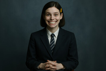 A quirky woman in a retro suit and tie gives a wide, awkward smile. A concept of social anxiety, a strange interview, or an odd school portrait.