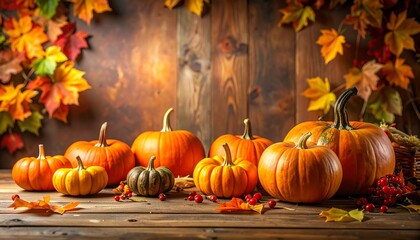 Cozy autumn harvest pumpkins on a rustic wooden table.