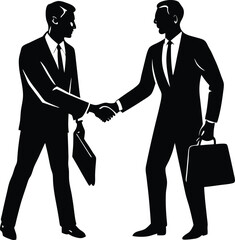 Two businessmen in silhouette shaking hands with briefcases