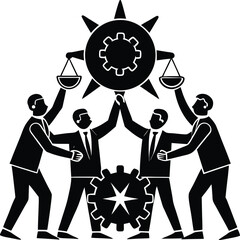 Teamwork and balance in business with industrial symbolism