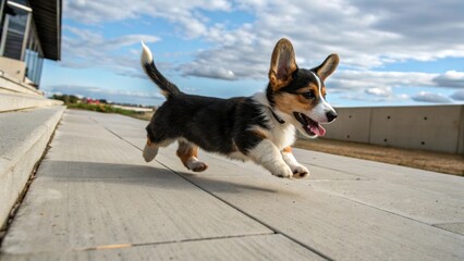 Playful Tricolor Corgi Puppy Running on Concrete