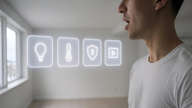 Voice-Controlled Smart Home Interface with Floating Glowing Panels