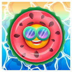 Happy emoji in watermelon inflatable swimming pool ring . Summer emoticon with sunglases swimming on sea waves. Positive vibes, good mood, vacation, travel, holiday concept