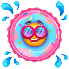 Happy emoji in donut inflatable swimming pool ring. Summer emoticon with sunglases on white background. Positive vibes, good mood, vacation, travel, holiday concept