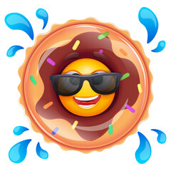 Happy emoji in donut inflatable swimming pool ring. Summer emoticon with sunglases on white background. Positive vibes, good mood, vacation, travel, holiday concept