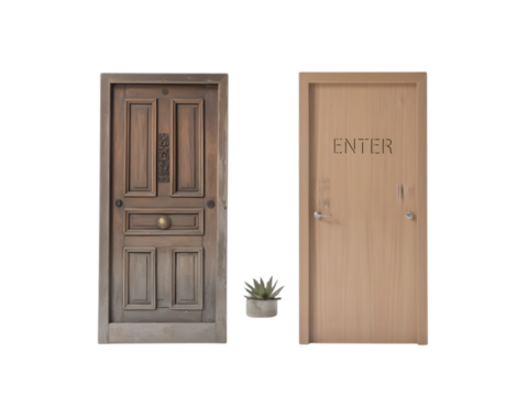 Two doors one old one new isolated on a transparent background wood enter