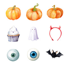 A collection of whimsical Halloween-themed illustrations featuring pumpkins, ghosts, and more. Halloween item isolated on white background, Transparent Background