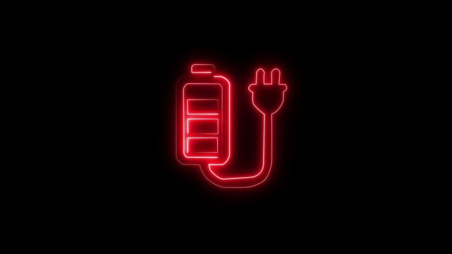 Glowing neon line battery icon with cable. charging symbol. Electric battery in active charging animation on black background. 4k motion video.