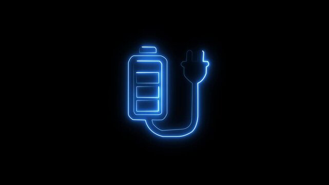 Glowing neon line battery icon with cable. charging symbol. Electric battery in active charging animation on black background. 4k motion video.