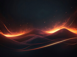 A dramatic fiery horizon behind dark, mountainous terrain, ai