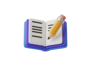 Yellow pencil writing on open book isolated on a transparent background education learning