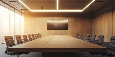 a minimalist meeting room with sleek furniture and soft lighting, perfect for professional, contemporary themes.