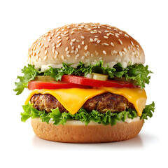 Delicious and Juicy Hamburger with Fresh Ingredients on White Background Perfect for Food Photography and Menu Illustrations