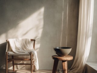 A chair is sitting in front of a wall. A bowl is on a wooden table. A white curtain is hanging in front of the chair