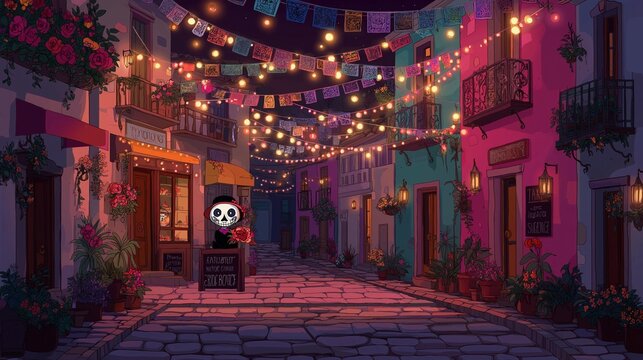 Day of the dead festival street scene with lights and decorations - Powered by Adobe