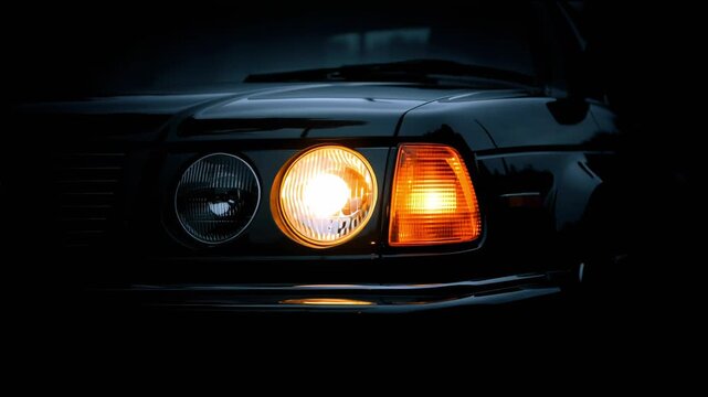 LED headlights turn on as a retro car parked in the city under nightfall.