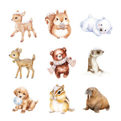 Adorable hand-drawn baby animals in playful poses, perfect for children's themes. Snow Dusted isolated on white background, Transparent Background