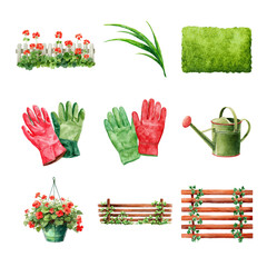 A collection of gardening tools and accessories for plant lovers and home gardens. Garden isolated on white background, Transparent Background