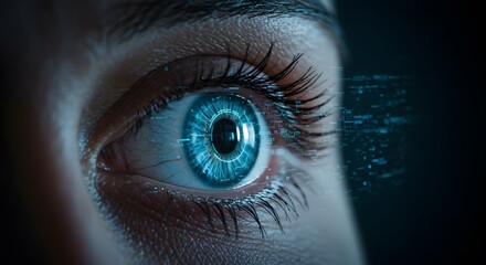 Close-up of a human eye with digital code overlay, showcasing futuristic technology.