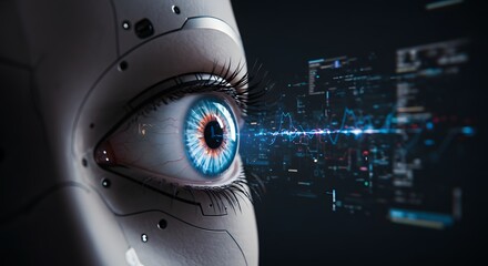 Close-up of a futuristic robot eye, displaying digital data streams.