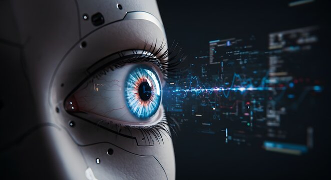 Close-up of a futuristic robot eye, displaying digital data streams.