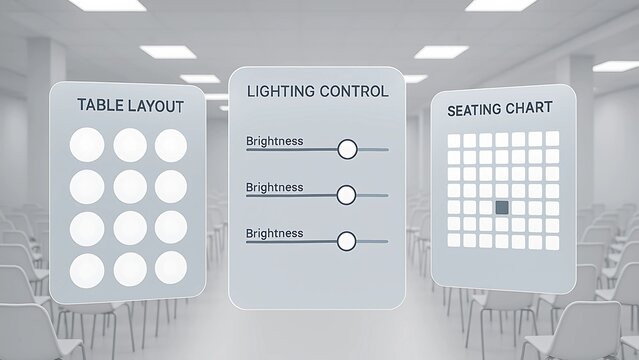 AR Panels Showing Event Hall Layout and Controls in Modern White Space