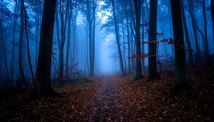 Fototapeta premium Misty forest path, deep blue tones