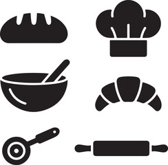 Artisan Bakery Solid Icon Collection – Rustic Bread, Pie, Mixing Bowl, Chef Hat, Croissant, and Dough Cutter