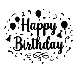 Happy Birthday Typography with Balloons, Party Hats, and Confetti – Vector Illustration