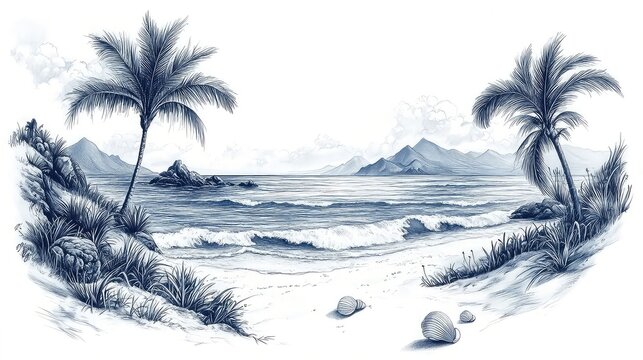 Beach drawings with coastal scenery, palm trees, waves, and seashells rendered in clean sketch lines or pencil textures ideal for travel themes, decor, or summer-inspired visuals.