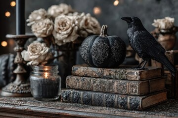 An eerie yet elegant Halloween display featuring a black raven and carved pumpkin, perched on vintage books against a backdrop of candles and faded roses, creating a gothic ambiance.