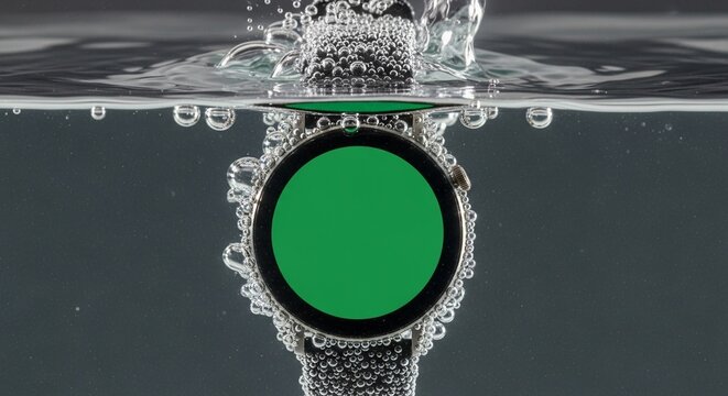 A smartwatch with a green screen submerged in water, creating splashes and bubbles. - Powered by Adobe