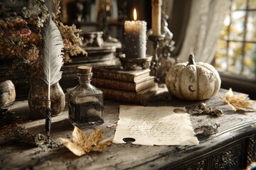 A magical autumn scene featuring a feather quill, ink bottle, parchment, candle and pumpkin, creating a mysterious and whimsical atmosphere on a wooden desk.