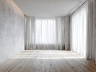A room with white curtains and a window. The room is empty and has a lot of space