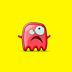 Funny cute smiling red ghost monster isolated on yellow background. Hand drawn cartoon red ghost character with eyes and mouth , cute emoji. Funky Halloween spirit element.