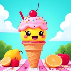 Cute Ice Cream Cone Dessert Character Vector Illustration