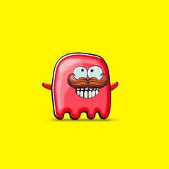 Funny cute smiling red ghost monster isolated on yellow background. Hand drawn cartoon red ghost character with eyes and mouth , cute emoji. Funky Halloween spirit element.