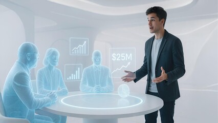 Young Entrepreneur Pitching to Holographic Investors Around Floating AR Table