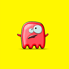 Funny cute smiling red ghost monster isolated on yellow background. Hand drawn cartoon red ghost character with eyes and mouth , cute emoji. Funky Halloween spirit element.
