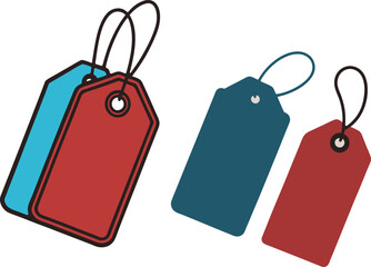 Colorful hanging price tags in red and blue with black strings and white background.